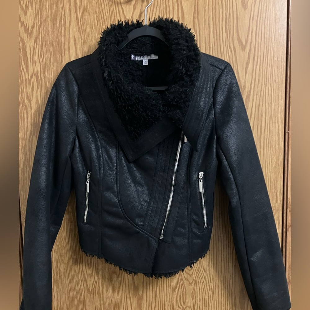 Jennifer Lopez Short Black Fleece‎ Lined Moto Style Women's Jacket Size 2